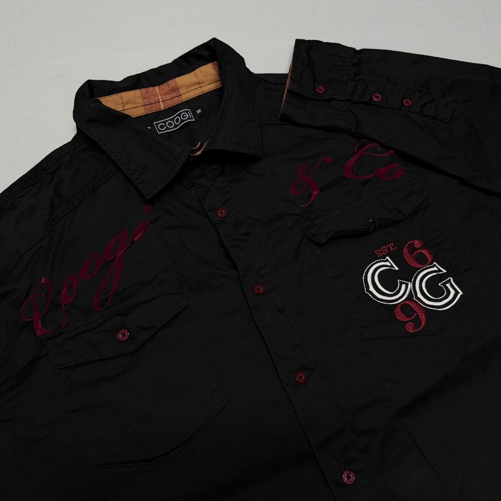 Coogi Mens 3X Black Embroidered Graphic Button Down Long Sleeve Shirt Streetwear
